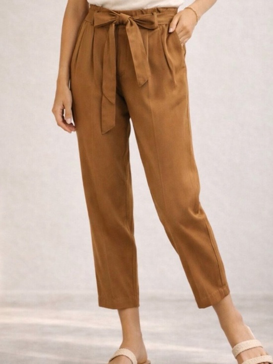 Cartonnier Pants - Cartonnier Tie-Waist Cropped Ankle Pants in Camel Brown